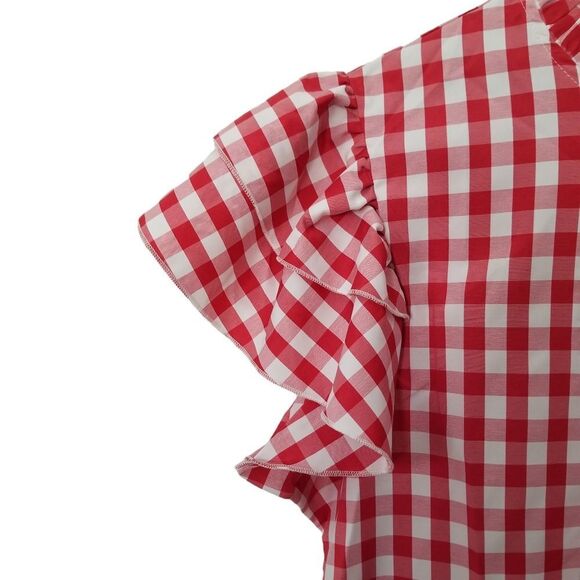 SHEIN Red Gingham Flutter Sleeve Frilled Neck Half Button Blouse NWOT XL 5 0286 - Picture 6 of 8